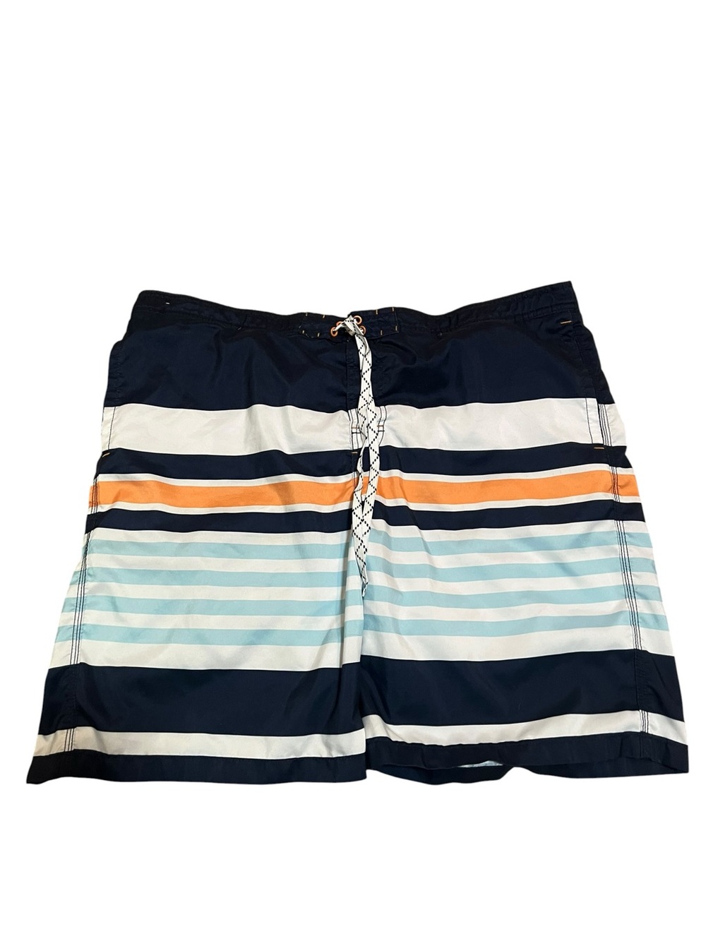 Merona Men’s Sz XXL Swim Trunks Board Shorts White Navy Blue Orange Teal Stripe